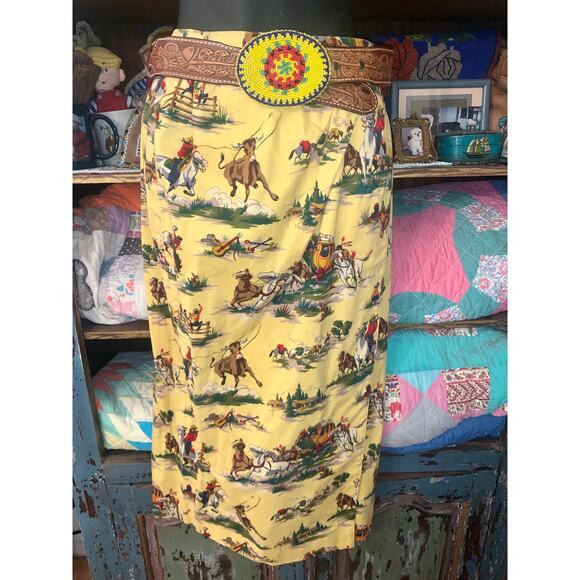 VINTAGE 90's UNWORN COWBOY PRINT WESTERN WRAP SKIRT-MALIBU COWBOY, BEYONCE - Picture 8 of 11